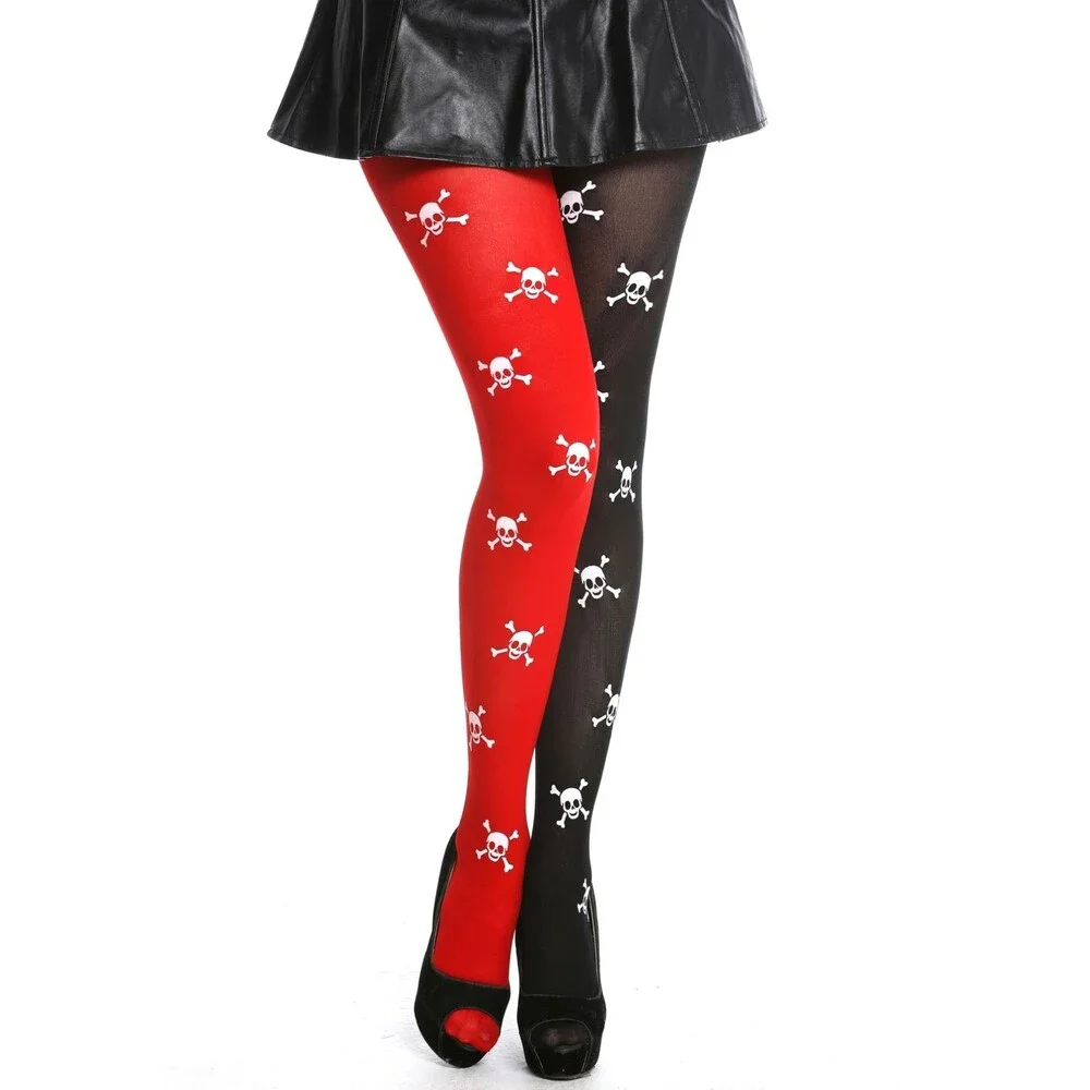 Red Black Skull Crossbones Thigh High Stockings Harlequin Goth Punk Costume